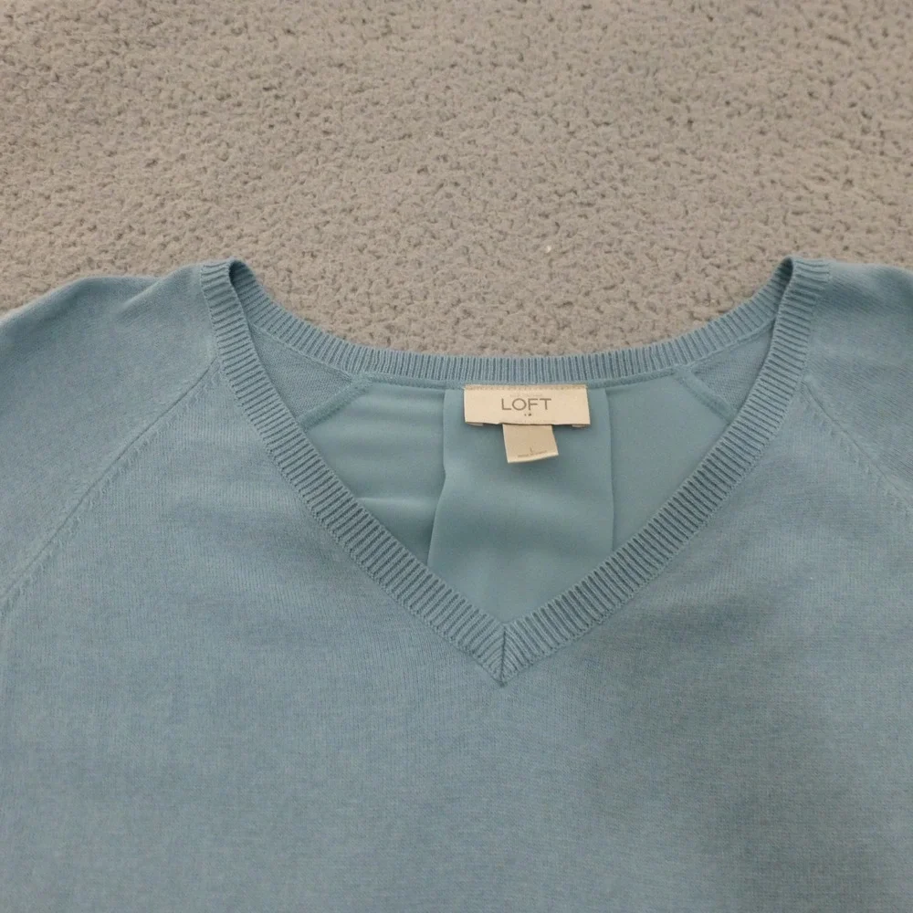 LOFT Sweater Top Womens Large Light Blue Mixed Media V-Neck High Low Back Pleat